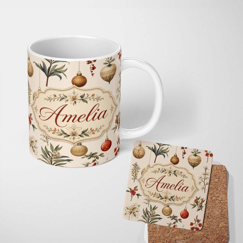 Personalized Custom Name Elegant Botanical Christmas Baubles Floral Leaves Seamless Pattern 11oz Ceramic Coffee Tea Mug White Large Handle