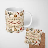 Personalized Custom Name Elegant Botanical Christmas Baubles Floral Leaves Seamless Pattern 11oz Ceramic Coffee Tea Mug White Large Handle