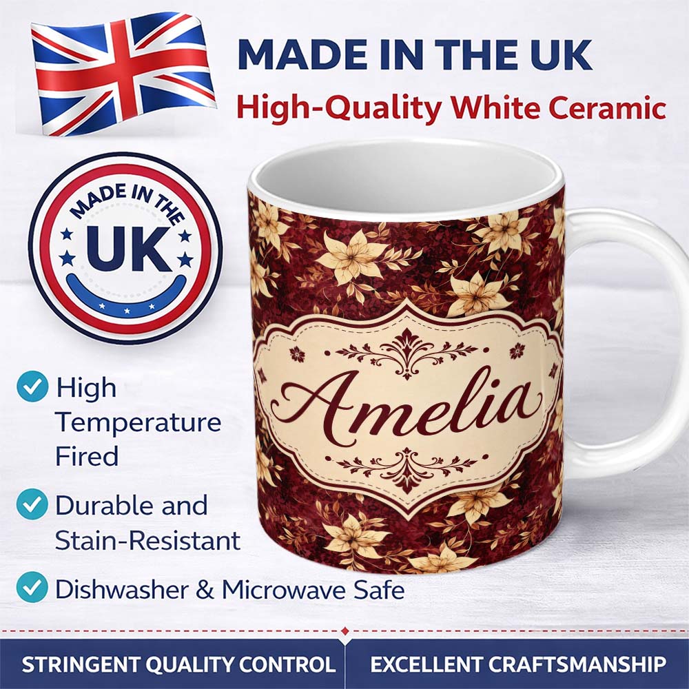 Personalized Custom Name Rich Deep Red Floral with Cream Blossoms and Textured Background 11oz Ceramic Coffee Tea Mug White Large Handle