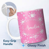 Personalized Custom Name Pink White Snowflake Winter Holiday Seamless Pattern Lovely 11oz Ceramic Coffee Tea Mug White Large Handle