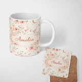 Personalized Custom Name Peach Floral Moon Seamless Pattern Stylish Everyday Mug Lovely 11oz Ceramic Coffee Tea Mug White Large Handle