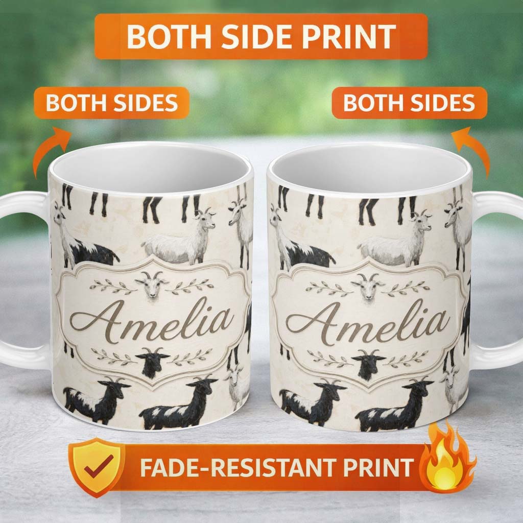 Personalized Custom Name Black and White Farm Goat Rustic Animal Seamless Pattern Lovely 11oz Ceramic Coffee Tea Mug White Large Handle