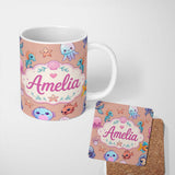 Personalized Custom Name Cute Kawaii Mermaid Seahorse Jellyfish and Starfish Peach Background 11oz Ceramic Coffee Tea Mug White Large Handle
