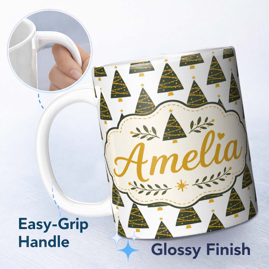 Personalized Custom Name Minimal Christmas Tree with Golden Garland Seamless Pattern Modern 11oz Ceramic Coffee Tea Mug White Large Handle