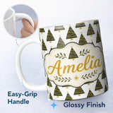 Personalized Custom Name Minimal Christmas Tree with Golden Garland Seamless Pattern Modern 11oz Ceramic Coffee Tea Mug White Large Handle