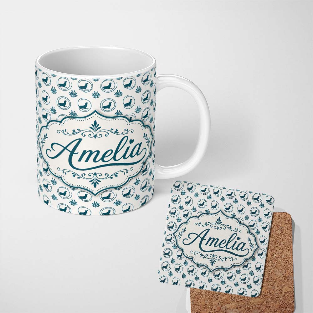 Personalized Custom Name Soft Watercolour Seal Faces with Sea Plants Pastel Seamless Pattern 11oz Ceramic Coffee Tea Mug White Large Handle
