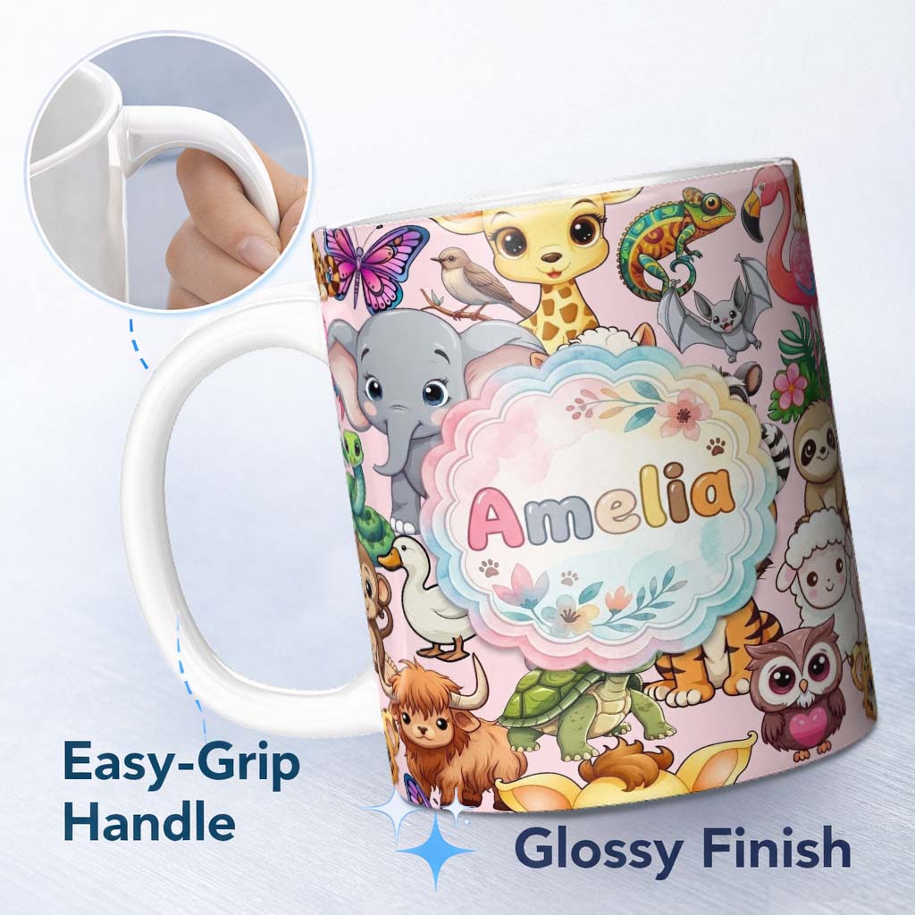 Personalized Custom Name Cute Cartoon Jungle Safari Animals Seamless Pattern on Pink Lovely 11oz Ceramic Coffee Tea Mug White Large Handle