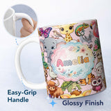 Personalized Custom Name Cute Cartoon Jungle Safari Animals Seamless Pattern on Pink Lovely 11oz Ceramic Coffee Tea Mug White Large Handle