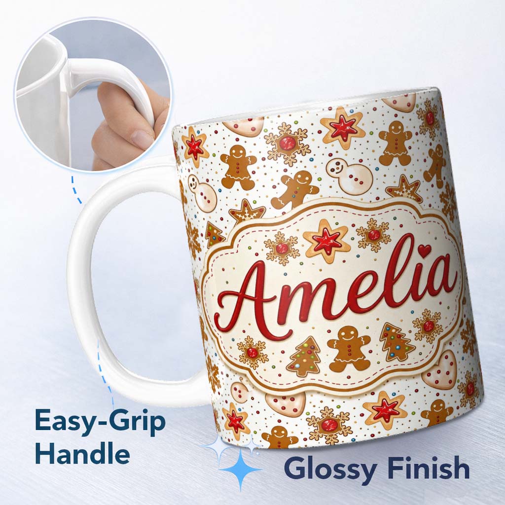 Personalized Custom Name Cute Gingerbread Cookies Stars Hearts Snowflakes Seamless Pattern 11oz Ceramic Coffee Tea Mug White Large Handle