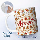 Personalized Custom Name Cute Gingerbread Cookies Stars Hearts Snowflakes Seamless Pattern 11oz Ceramic Coffee Tea Mug White Large Handle