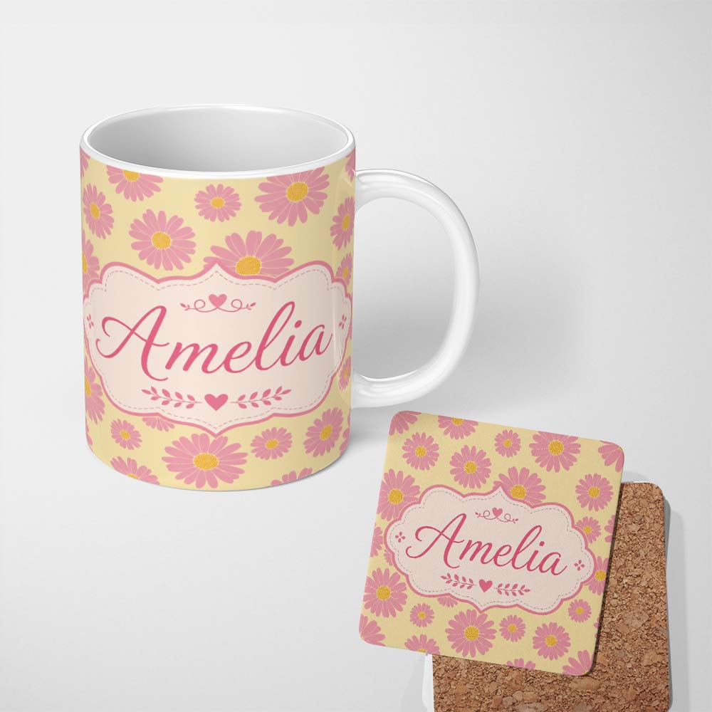Personalized Custom Name Pink Daisy Floral Pattern on Soft Yellow Background Seamless Pattern 11oz Ceramic Coffee Tea Mug White Large Handle