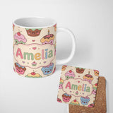Personalized Custom Name Cute Birthday Cupcakes Sweet Treat Candles Seamless Pattern Lovely 11oz Ceramic Coffee Tea Mug White Large Handle