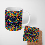 Personalized Custom Name Bold Multicolour Abstract Wave Lines Seamless Pattern Lovely 11oz Ceramic Coffee Tea Mug White Large Handle