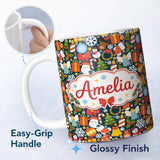 Personalized Custom Name Cute Christmas Tree Snowman Reindeer Gift Snowflake Seamless Pattern 11oz Ceramic Coffee Tea Mug White Large Handle