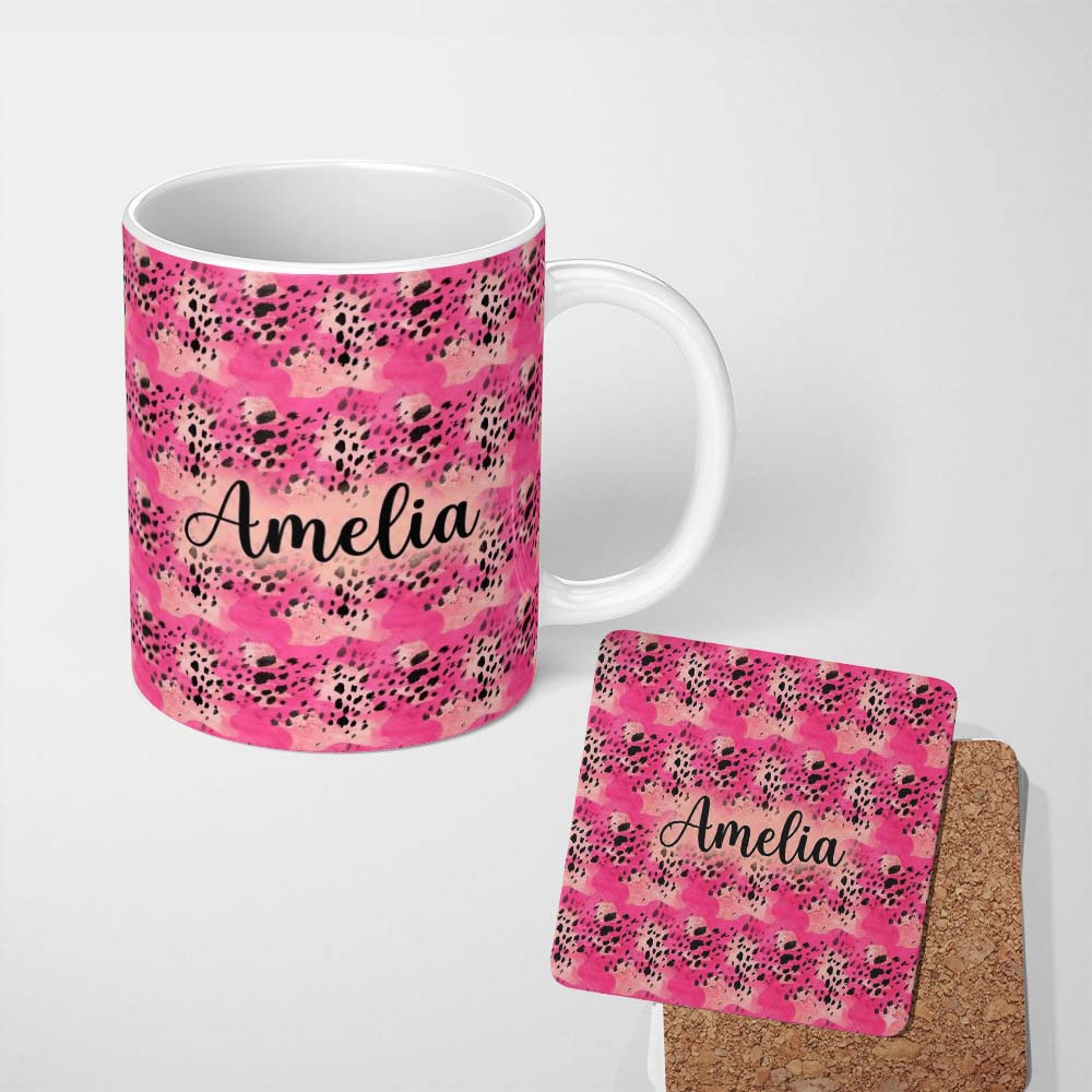 Personalized Custom Name Pink Mixed Media Abstract Leopard Splash Seamless Pattern Lovely 11oz Ceramic Coffee Tea Mug White Large Handle