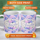 Personalized Custom Name Blue and Pink Hydrangea Blossom Seamless Pattern Cute Unique Gift 11oz Ceramic Coffee Tea Mug White Large Handle