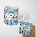 Personalized Custom Name Halloween Zombie Mummy Vampire Bat Spooky Sky Blue Seamless Pattern 11oz Ceramic Coffee Tea Mug White Large Handle