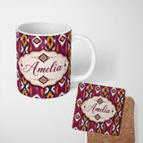 Personalized Custom Name Bold Magenta and Orange Abstract Tribal Seamless Pattern Lovely 11oz Ceramic Coffee Tea Mug White Large Handle