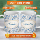 Personalized Custom Name Blue Jay Bird Floral Garden Detailed Botanical Illustration Design 11oz Ceramic Coffee Tea Mug White Large Handle