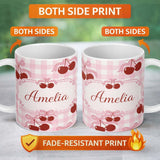 Personalized Custom Name Cherry Bow Ribbon Cute Pink Gingham Soft Check Seamless Pattern 11oz Ceramic Coffee Tea Mug White Large Handle