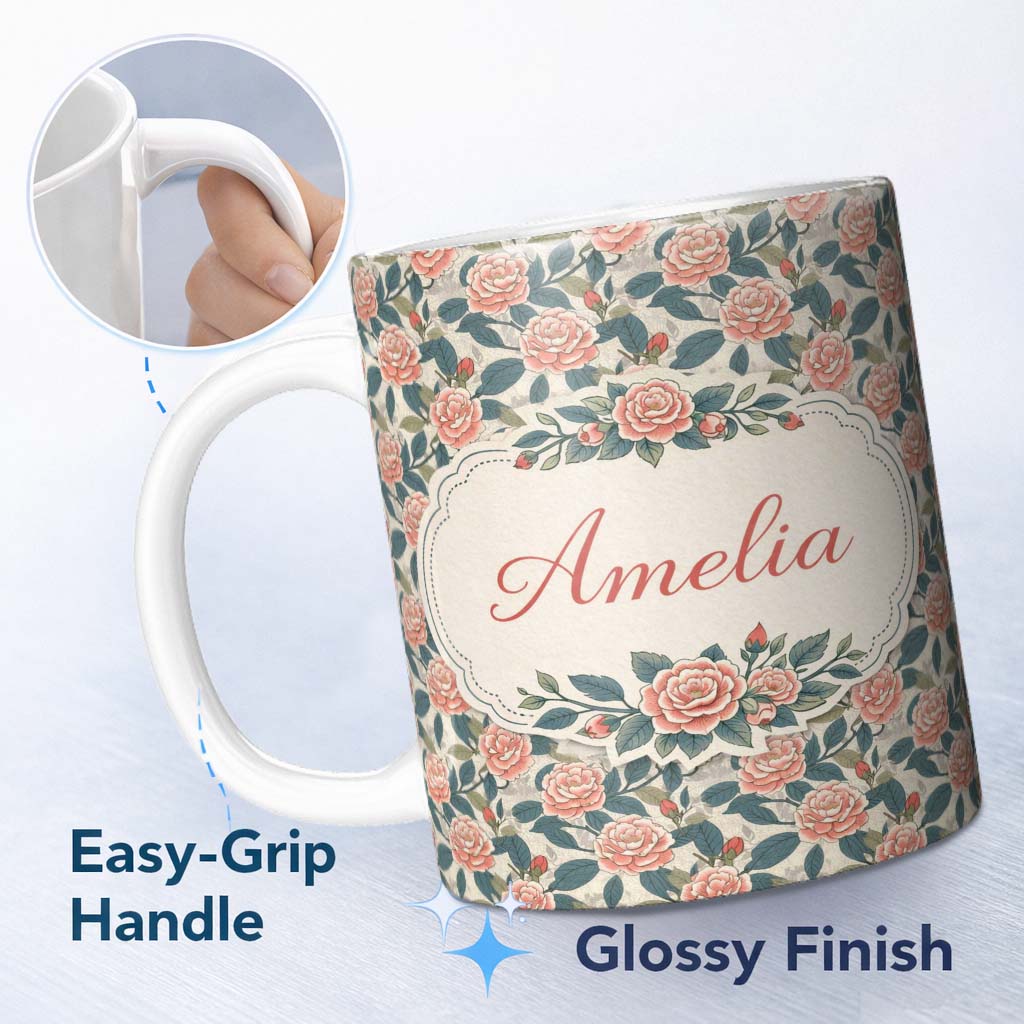 Personalized Custom Name Dark Background Coral Rose Floral Seamless Pattern Cute Unique Gift 11oz Ceramic Coffee Tea Mug White Large Handle
