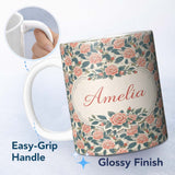 Personalized Custom Name Dark Background Coral Rose Floral Seamless Pattern Cute Unique Gift 11oz Ceramic Coffee Tea Mug White Large Handle