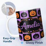 Personalized Custom Name Black Orange Pumpkin Checkerboard Halloween Seamless Pattern UK 11oz Ceramic Coffee Tea Mug White Large Handle