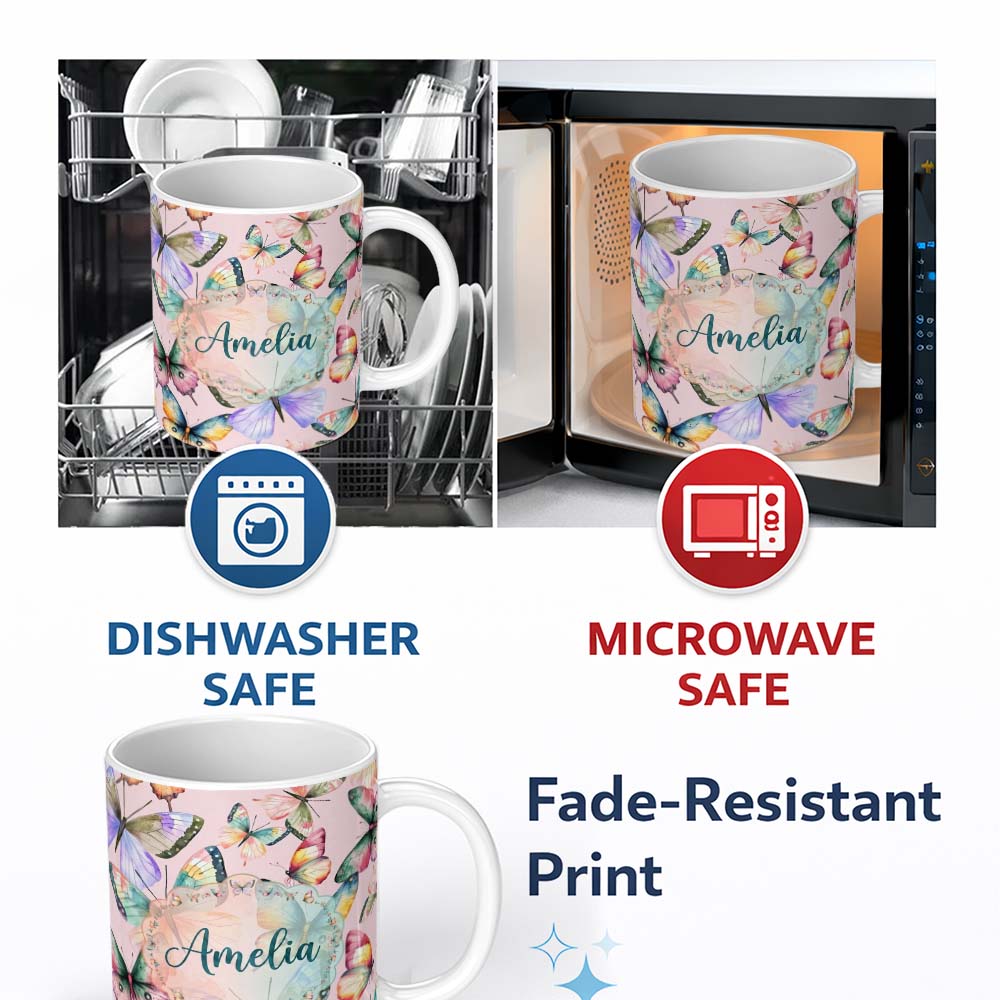 Personalized Custom Name Pastel Watercolor Butterflies Soft Pink Background Seamless Pattern 11oz Ceramic Coffee Tea Mug White Large Handle