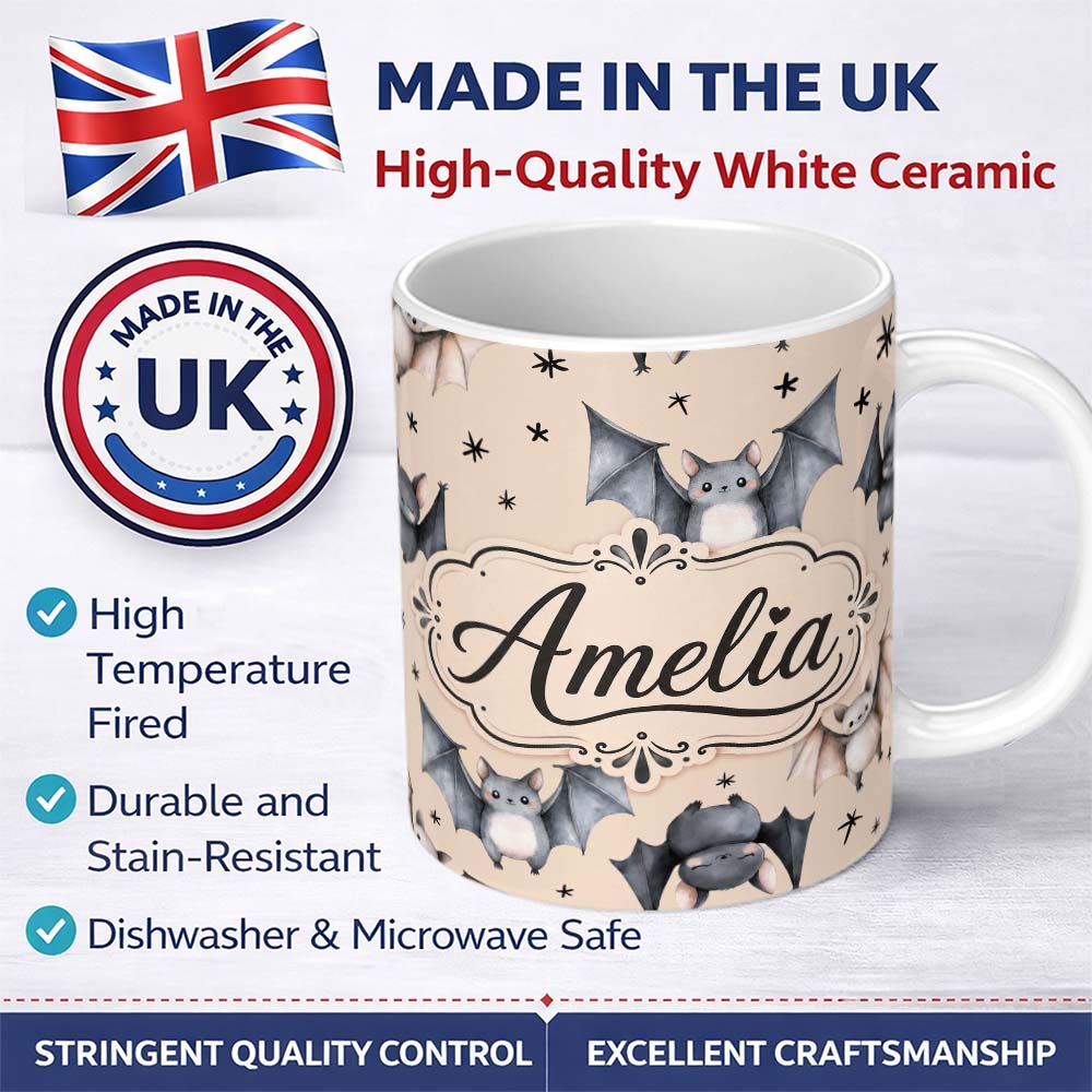 Personalized Custom Name Cute Watercolor Bats and Stars Seamless Pattern Pale Beige Lovely 11oz Ceramic Coffee Tea Mug White Large Handle