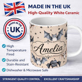 Personalized Custom Name Cute Watercolor Bats and Stars Seamless Pattern Pale Beige Lovely 11oz Ceramic Coffee Tea Mug White Large Handle
