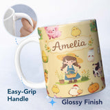 Personalized Custom Name Cute Farm Girl Pig Cow Chicken Corn Milk Yellow Background Seamless 11oz Ceramic Coffee Tea Mug White Large Handle