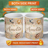 Personalized Custom Name Jungle Animals Lion Meerkat Toucan Boar on Warm Beige Seamless 11oz Ceramic Coffee Tea Mug White Large Handle
