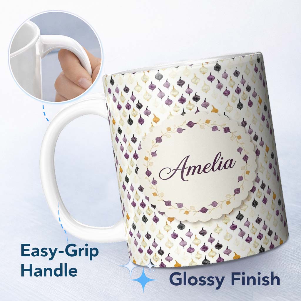 Personalized Custom Name Minimal Onion Repeat Pattern Black Purple Mustard Scandinavian Style 11oz Ceramic Coffee Tea Mug White Large Handle
