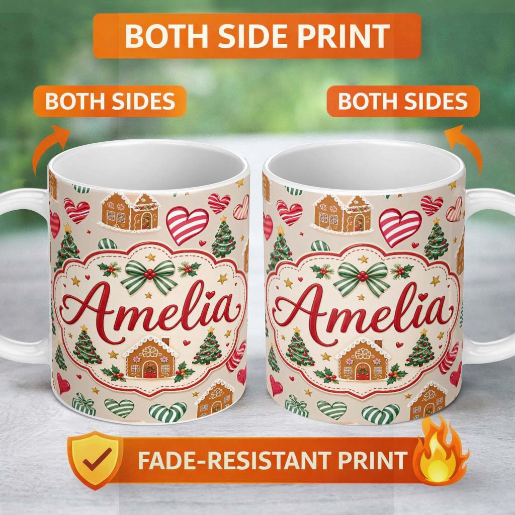 Personalized Custom Name Cute Christmas Gingerbread Houses Hearts Trees Seamless Pattern 11oz Ceramic Coffee Tea Mug White Large Handle