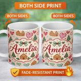 Personalized Custom Name Cute Christmas Gingerbread Houses Hearts Trees Seamless Pattern 11oz Ceramic Coffee Tea Mug White Large Handle