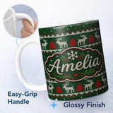 Personalized Custom Name Scandinavian Reindeer Mountain Knit Pattern Green Red White Lovely 11oz Ceramic Coffee Tea Mug White Large Handle