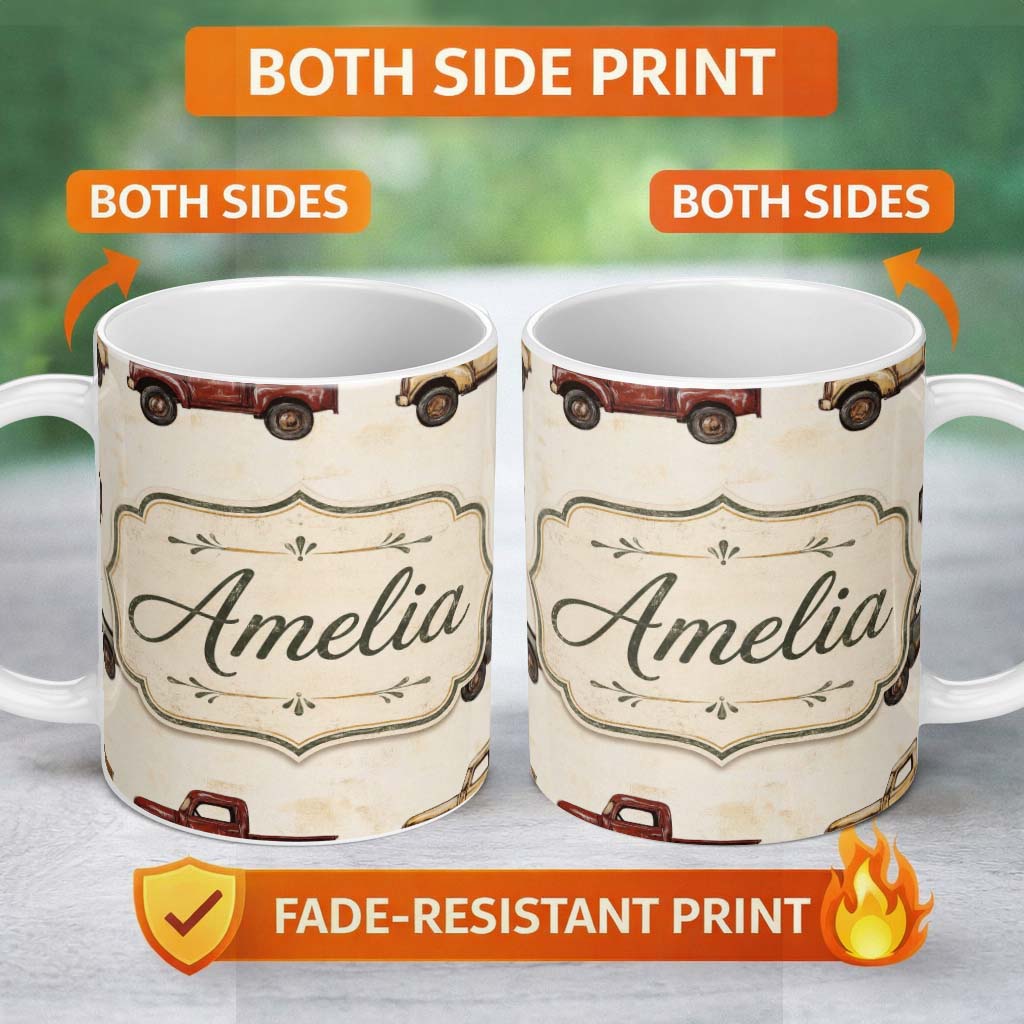 Personalized Custom Name Vintage Classic Pickup Truck Transport Seamless Pattern Lovely 11oz Ceramic Coffee Tea Mug White Large Handle