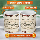 Personalized Custom Name Vintage Classic Pickup Truck Transport Seamless Pattern Lovely 11oz Ceramic Coffee Tea Mug White Large Handle