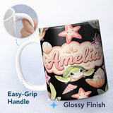 Personalized Custom Name Cute Kawaii Sea Turtle Starfish Shells Ocean Friends Black Lovely 11oz Ceramic Coffee Tea Mug White Large Handle