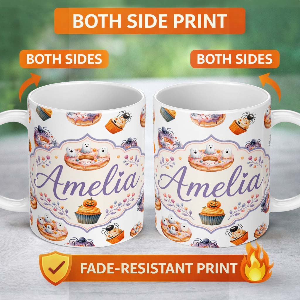 Personalized Custom Name Halloween Donuts Cupcakes Spiders and Ghosts Cute Light Grey Lovely 11oz Ceramic Coffee Tea Mug White Large Handle