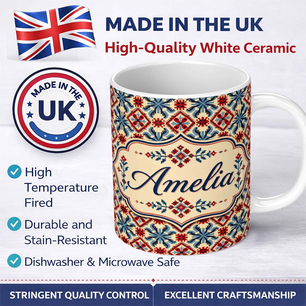 Personalized Custom Name Traditional Red Blue Geometric Folk Pattern Seamless Pattern Lovely 11oz Ceramic Coffee Tea Mug White Large Handle