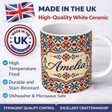 Personalized Custom Name Traditional Red Blue Geometric Folk Pattern Seamless Pattern Lovely 11oz Ceramic Coffee Tea Mug White Large Handle