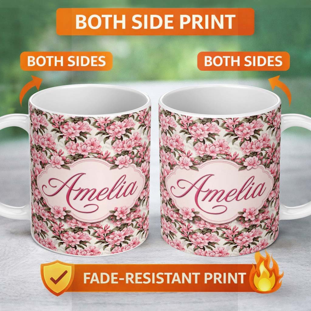 Personalized Custom Name Soft Pink Floral Bouquet Classic Style Seamless Pattern Lovely 11oz Ceramic Coffee Tea Mug White Large Handle
