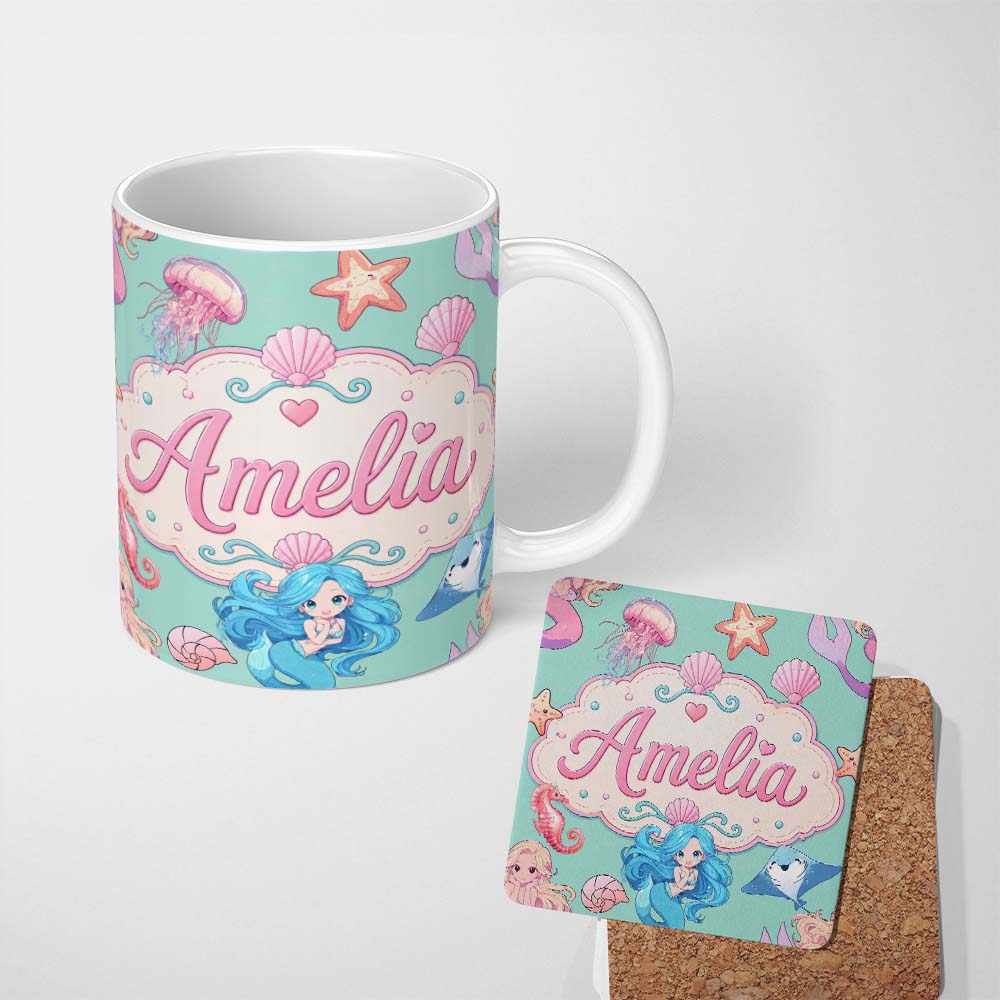 Personalized Custom Name Cute Blue Hair Mermaid Jellyfish Seahorse Mint Background Seamless 11oz Ceramic Coffee Tea Mug White Large Handle