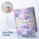 Personalized Custom Name Blue and Pink Hydrangea Blossom Seamless Pattern Cute Unique Gift 11oz Ceramic Coffee Tea Mug White Large Handle
