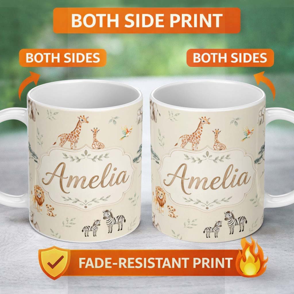Personalized Custom Name Cute Safari Animals Giraffe Lion Zebra on Cream Background Seamless 11oz Ceramic Coffee Tea Mug White Large Handle