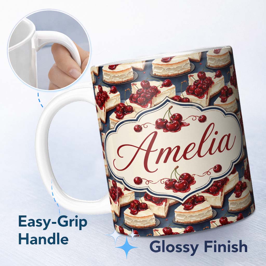 Personalized Custom Name Cherry Cheesecake Dessert Sweet Treat Seamless Pattern Lovely 11oz Ceramic Coffee Tea Mug White Large Handle