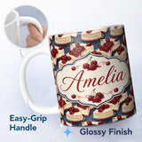 Personalized Custom Name Cherry Cheesecake Dessert Sweet Treat Seamless Pattern Lovely 11oz Ceramic Coffee Tea Mug White Large Handle