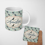 Personalized Custom Name Puffin and Daisy Floral Pattern Soft Botanical Seamless Design 11oz Ceramic Coffee Tea Mug White Large Handle