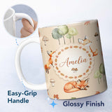 Personalized Custom Name Watercolor Woodland Fox Mushroom Autumn on Warm Beige Background 11oz Ceramic Coffee Tea Mug White Large Handle